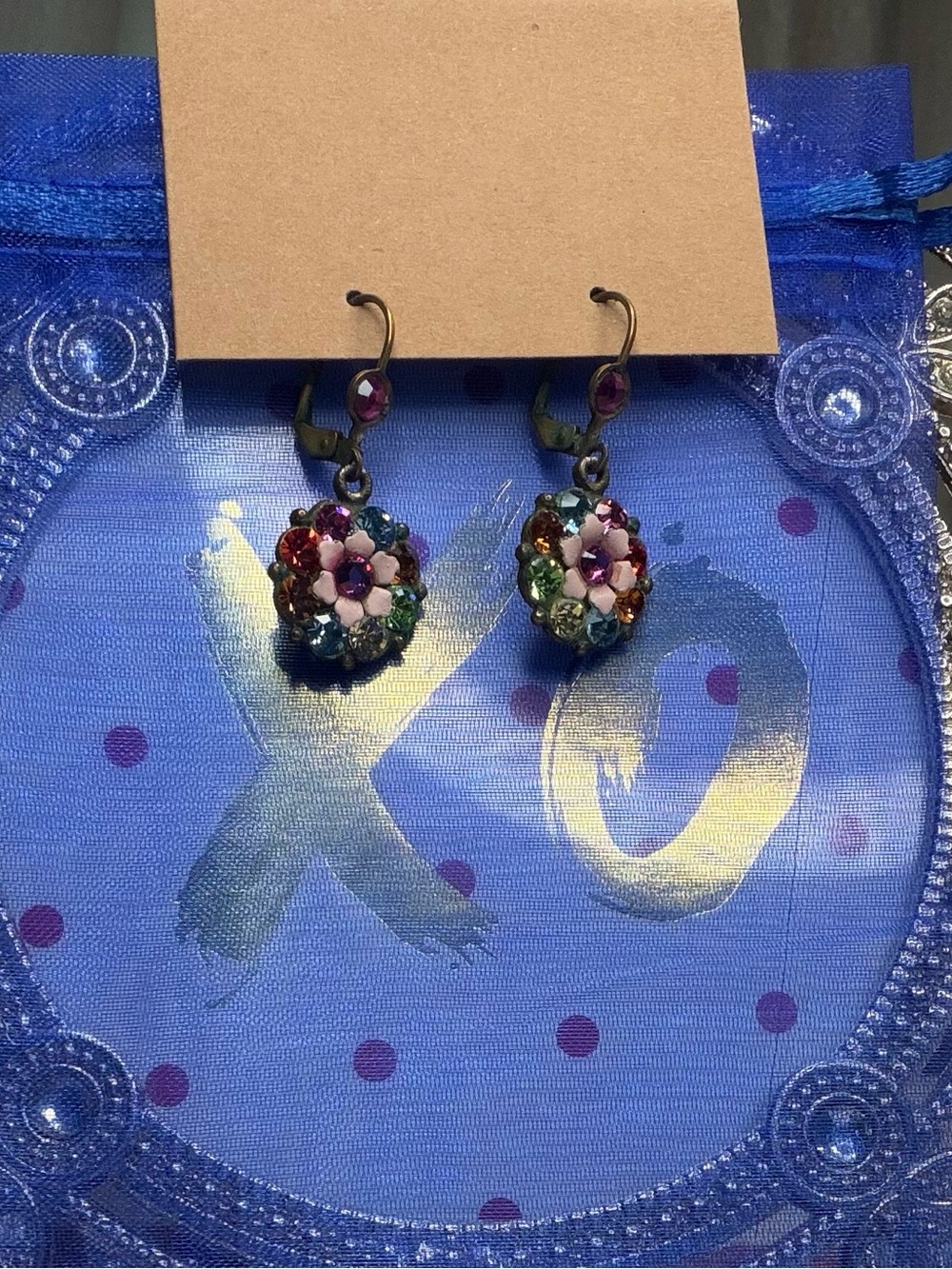 Victorian Revival Pink Flower Multicolor Crystal Halo Drop Earrings Hooks EUC